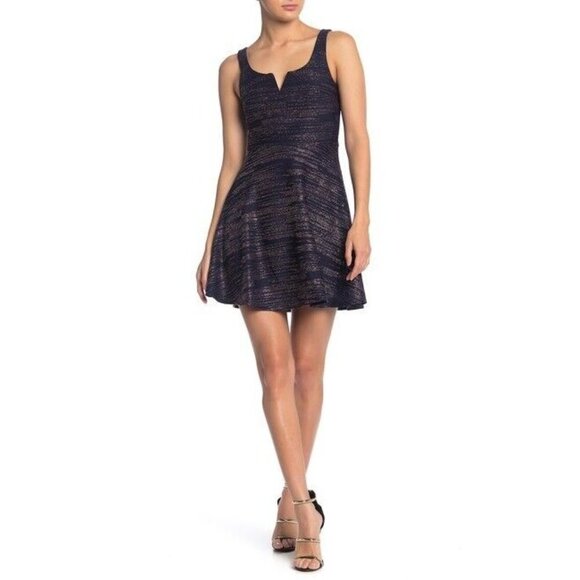 Row A Navy Blue Summer Mini Dress Fit and Flare Rose Gold Size Large V-Neck NEW - Picture 1 of 8